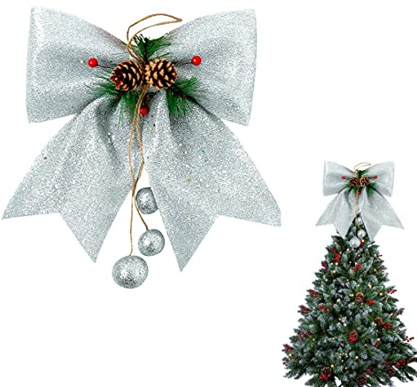 1 paio di fiocchi in argento per albero di Natale, 24,9 x 30 cm, fiocchi con lustrini, fiocchi di Natale, fiocchi in schiuma, decorazioni per albero di Natale, ghirlande e ghirlande