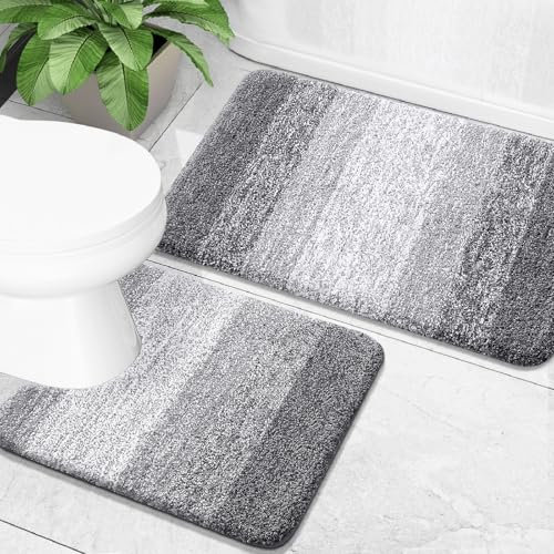 OLANLY Luxury Bathroom Rug Set 2 Piece, Soft Absorbent Microfiber Bath Rugs and U-Shaped Contour Toilet Rug, Non-Slip Bath Carpet, Machine Wash Dry, Bath Mats for Bathroom (24x16+24x20, Grey)