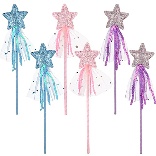 ASTER Glitter Star Wands 6Pcs 11 Inches Princess Angel Fairy Star Magic Wands Girls Fairy Magic Dress-up Star Wand Costume Wands Sticks for Birthday Halloween Christmas Party Supplies
