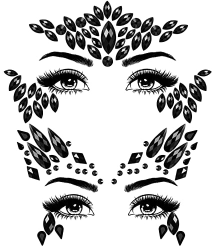BBTO Gemme Adesivi per Viso 2 Fogli di Strass Adesivi per il Corpo di Halloween Glitter Adesivi per Occhi Fronte del Festival per Cosplay Mascherata Festa del Trucco, Nero (Stile Elegante)