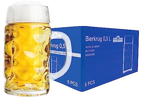 Van Well Juego de 6 jarras medidas, 0,5 L, calibradas, vasos de cerveza aptas para lavavajillas, perfectos para gastronomía, jarra de cerveza de medio litro con asa