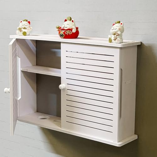 KOOGIMDDR 2-stufiges Wandregal für WLAN-Router und Kabelbox, Elegante schwebende Regale mit Doppeltür-Fensterläden – optimierte Aufbewahrungs- und Heimdekorationslösung