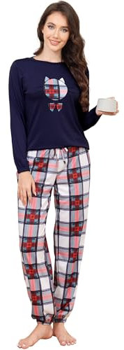 Les-Theresa - Conjunto de pijama de algodón para mujer, largo de dos piezas, manga raglán, ropa de dormir y pantalones largos de pijama, para otoño e invierno, conjunto casual para estar en casa, azul