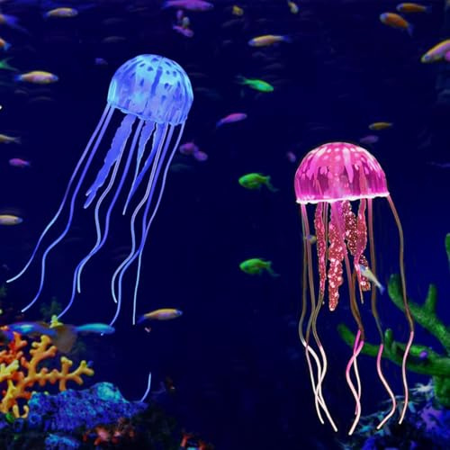 WJRQD 2 Pièces Méduses Artificielles Lumineuses en Silicone pour Aquarium, Accessoires de Décoration de Réservoir de Poissons, Effet Fluorescent