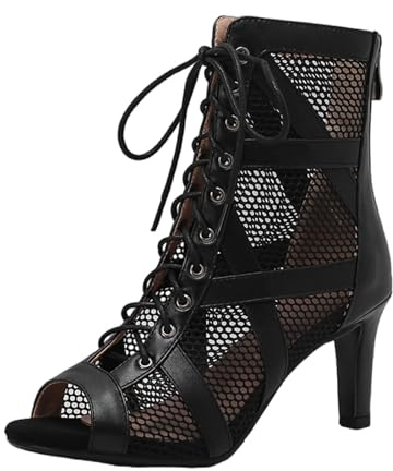 Viaoragiosa Chaussures de Danse de Salon Latine Bottines Lacets Talon,Peep Toe Talons pour la Salon Bottes de Danse,Chaussures de Danse Latine Femme,antidérapante,pour Tango Pratique et Performance