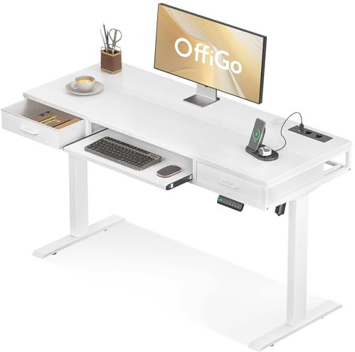 OffiGo Höhenverstellbarer Schreibtisch mit Schubladen, 120cm Schreibtisch Höhenverstellbar Elektrisch mit Tastaturablage, Computertisch mit Steckdose, Stehpult Bürotisch, Weiß