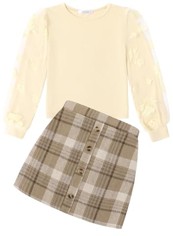 Arshiner Ragazze Completi di Abbigliamento Bambine Elegante Top a Maniche Lunghe con Plaid Gonna Set Autunno Inverno Outfit Moda Coordinati per Ragazze 10-11 Anni