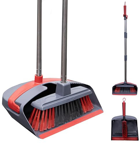 EPISENT Long Handled Dustpan and Brush Set, Upright Broom and Dustpan with Tall Handle to Reduce Bending, Stand Up Storage for Home Kitchen and Office, Soft Bristles for Easy Floor Cleaning, Red Grey