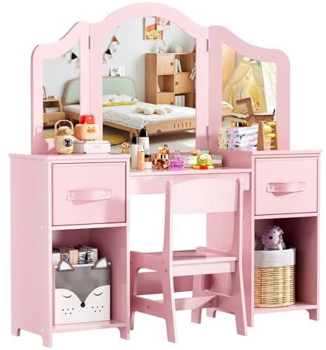 MAMIZO 2 in 1 Schminktisch Kinder Set, Kinderschminktisch mit Abnehmbarem Spiegel, Schminktisch für Mädchen, Schreibtisch mit Hocker, 2PCS Stoffschubladen, Prinzessin Frisiertisch Holz, Rosa