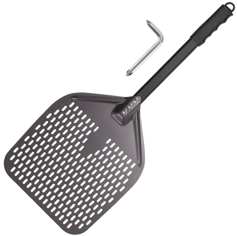 JIEHIN Pizzaspade perforerad 30 x 39 cm, aluminium pizzaspade, svart med långt handtag