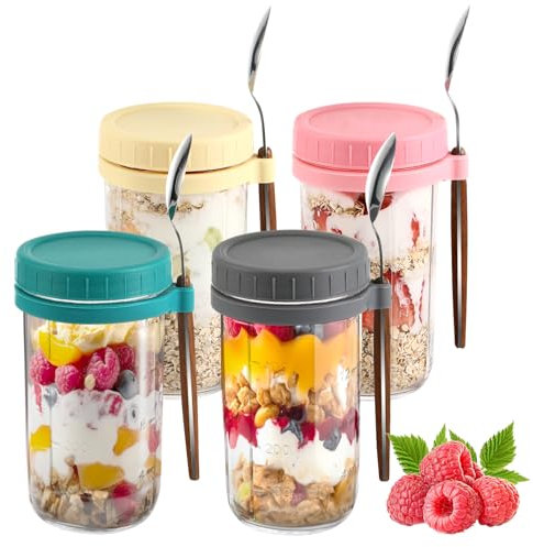 Pavlleen Lot de 4 Verres à Flocons d’avoine pour la Nuit, Bocal en Verre avec Couvercle et CuillèRe, 600 ml Tasse à Yaourt Réutilisable, pour céréales à emporter, yaourt, avoine, lait, fruits