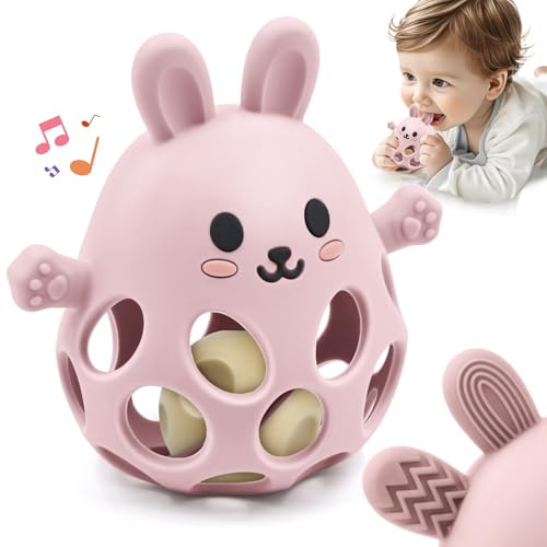 Forma de Conejito Alivio de la Dentición Mordedor Juguetes para Bebés, Mordedor Seguro con Sonajero, Blandito y Fácil Agarre Silicona Alimenticia, Juguete 3 6 9 12 18 Meses Niño Niña Autismo, Rosa