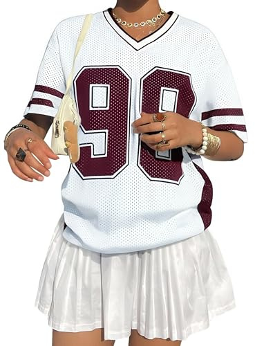 Jersey Shirts for Women Y2k Graphic Number Shirt Oversized V Neck Shirts Casual Streetwear Summer Tops Red