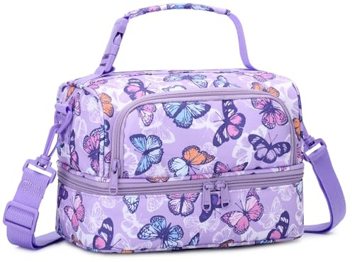 Chase Chic Lunch Bag for Girls, Insulated Reusable Large Cute Dual Lunch Bag Box Container for Kids Toddler School Daycare Purple Butterfly