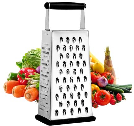 Grattugia Formaggio 4 Lati, Versatile Grattugia Formaggio Manuale in Acciaio Inox, con Base Antiscivolo e Manico Largo, per Frutta, Verdura, Formaggio, Cioccolato, Lavabile in Lavastoviglie