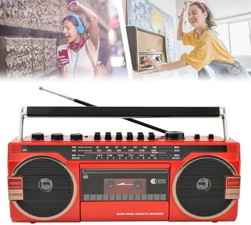 QIeAny Boombox Portable rétro années 80 - Lecteur Cassette sans Fil et Radio CD/AM/FM/SW | Son stéréo avec Lecture USB/SD | Enregistrement et Conversion Cassette-MP3 | pour Les Voyages,Red