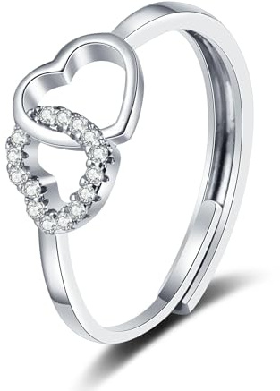 XRWilma elegant gold & silver copper zirconia double heart ring - adjustable size, delicate micro-pave diamonds, perfect for layering, lightweight 1.1g (SLIVER)
