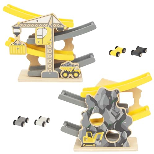 WoodenFun Pista de bolas de madera para coches de bomberos, juguete de motricidad, rampa, coche, pista de carreras, juguete de madera para niños pequeños, juguete de carreras, regalo a partir de 1, 2