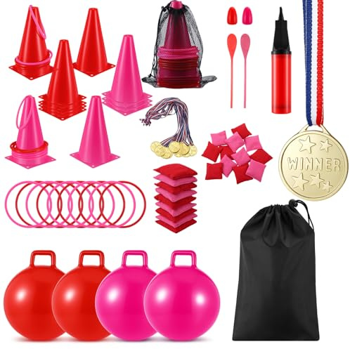 Sotiff 55 Pcs Valentine's Day Games for Kids Carnival Activity Galentine Games with Hopper Balls, Ring Toss, Bean Bags, Egg Spoon Relay Race for Classroom Indoor Outdoor Family Party Yard Supplies