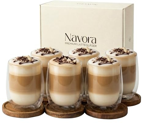 Navora® Latte Macchiato Gläser Doppelwandig 6er Set 350ml Akazienholz Tablett Thermogläser Cappuccino Kaffeegläser Borosilikatglas Hitzebeständig BPA frei Spülmaschinenfest