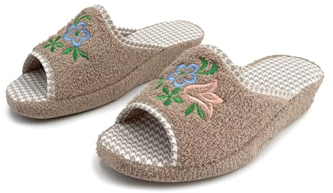 JOMIX Pantofole Anatomiche Spugna Aperta Traspirante Ciabatte Donna Estive Zeppa Bassa da Casa con Ricamo Elegante Suola Sughero Ergonomiche da Signora Leggere Morbida Comode Beige 38