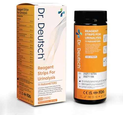 100 Pack Dr. Deutsch 11-in-1 Urine Test Strips – Rapid Home Urinalysis Tests for UTI, Glucose, Ketones, Protein, pH & More | CE & UKCA Certified