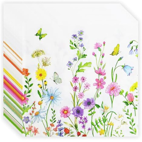 Floral Paper Napkins 40 Pack, 2 Ply Soft Disposable Serviettes 33cm, Vintage Flower & Butterfly Design, Party Napkins for Wedding, Birthday, Baby Shower, Picnic, Home Compostable Recyclable