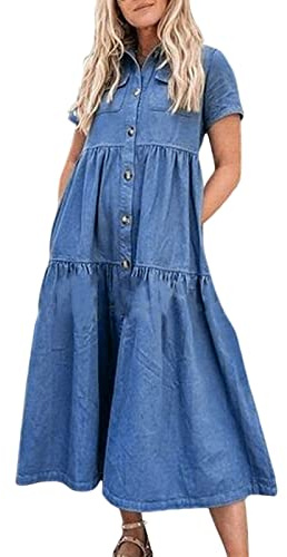 Robe longue en jean pour femme, tendance, élégante, décontractée, avec poches, manches courtes, pour invités de mariage