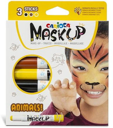 Carioca Mask Up Animals, Truccabimbi Kit per Bambini e Bambine, Trucchi per la Pelle in Stick Ideali per Natale, Halloween, Carnevale e Feste - 3 Colori e 2 Tutorial - Dermatologicamente Testati