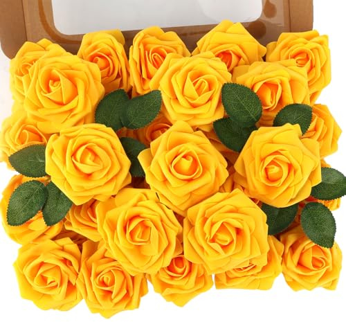 MACTING Artificial Yellow Flowers 30PCS Real Touch Fake Flowers Soft Foam Roses with Stem for Floral Arrangement DIY Table Centerpieces Wedding Bouquet Party Holiday Summer Mothers Day Decor