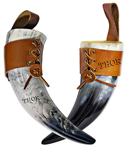 Medieval Viking Drinking Horn Mug Cup w/Brown Leather Clip Button Holster Rustic Vintage Home Decor Gifts