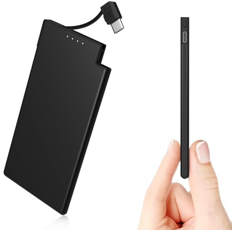 TNTOR 5000mAh Ultra Slim Power Bank mit intregierten USB C Kabel, [6mm Dicke] Metallschale Tragbare Mini Powerbank für Samsung Galaxy Sony Huawei Xiaomi - Schwarz