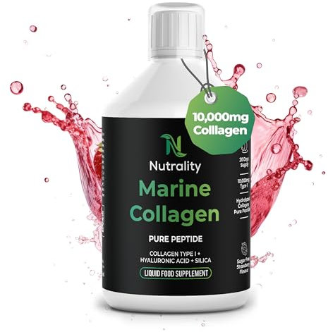 Nutrality High Strength 10,000mg Marine Collagen for Skin, Hair, Nails and Joints | Hydrolysed Collagen Pure Peptides Drink Infused Hyaluronic Acid | Vitamin C, D and Biotin, Sugar Free Strawberry