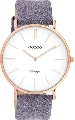 Oozoo Vintage Armbanduhr mit Glitzer Lederband 40 MM Rosegoldfarben/Weiß/Violett C20152