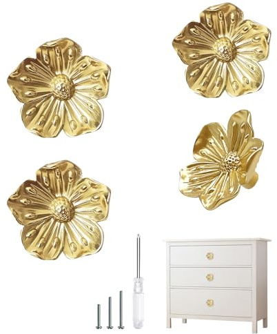 Redeam Gold Dresser knobs, Flower Knobs for Dresser Drawer, Brass Floral Cabinet Knob, Decorative Vintage Pulls and Knobs 4 Pack, Kitchen Cupboard Bathroom Cabinet Hardware Handles