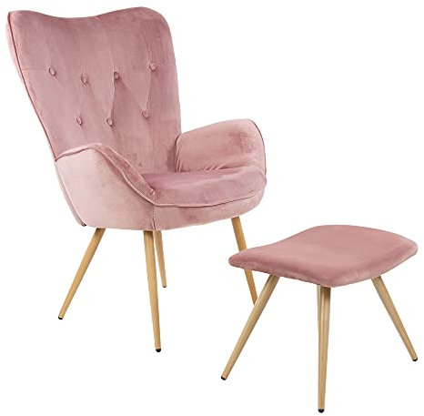 Albatros sedia ad ala con sgabello YORK, rosa, rivestimento in velluto, comoda imbottitura, poltrona TV, poltrona imbottita