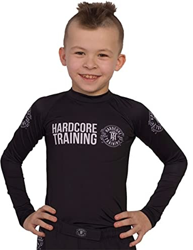 Hardcore Training Kids Rash Guard Recruit Black Unisex Chemise de Compression Enfant Couche de Base No Gi Fitness Entraînement BJJ Gym Workout Boxe