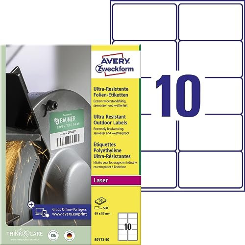 AVERY Zweckform B7173-50 Strapazierfähige Folienetiketten (500 Aufkleber, 99x57mm auf A4, extrem stark selbstklebend, für schwierige Oberflächen, bedruckbare Outdoor Klebefolie) 50 Blatt, weiß