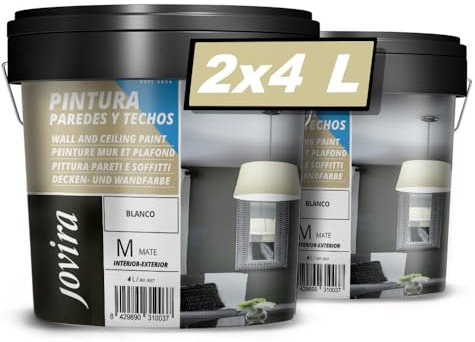 JOVIRA PINTURAS Pintura Paredes y Techos. Pintura mate indicada especialmente para paredes y techos. (2x4 Litros, Blanco) A-30