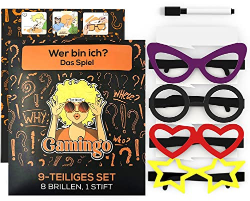 Gamingo Wer Bin ich Spiel für Erwachsene & Jugendliche – Familienspiele, 8 Wiederverwendbare Brillen & 1 Stift, individuell beschreibbar, 4 lustige Designs