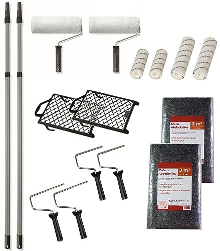 BODENMEISTER Malerset Duo streichen Farbroller Set Wandfarbe Streichset, Teleskopstange, Malerrollen, 16-teilig