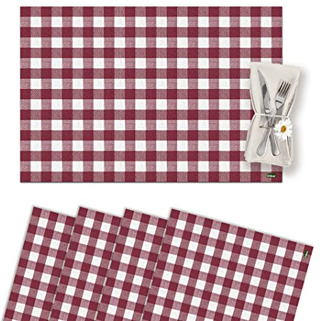 VILBER, Juego de 4 Salvamanteles Individuales de Vinilo. Lavables, Impermeables, Antimanchas, Antideslizantes, Antiadherentes y Resistentes al Calor. Cuadros. Rojo Vichy
