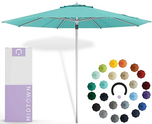 Midtown Umbrellas Push Pop Sunbrella Umbrella 10 Feet Large Outdoor Umbrella With Aruba Acrylic Fabric - Deck Patio Umbrella, Backyard Umbrella, Garden Umbrella & Pool Umbrella - Black Pole