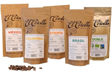 Cafés El Criollo | Pack Degustación de Café de Especialidad en GRANO | Etiopía, Colombia, México, Brasil e India | Café 100% Arábica y Tueste Natural | 5x250gr.