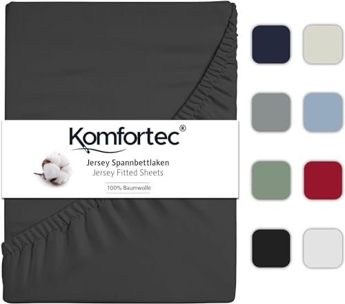 Komfortec Spannbettlaken Jersey 100% Baumwolle – 140x200 cm – 135g/m² – Weich, Atmungsaktiv & Hautfreundlich – Mit Rundumgummi – Oeko-Tex Zertifiziert – Für Boxspring, Topper & Matratzen – Anthrazit