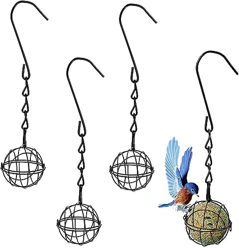 BOBOZHONG Alimentador de Bola de Grasa,4 PCS comederos de pájaros con Ganchos de Metal con Soporte,Comedero para Pájaros de Metal para Pájaros Silvestres (Negro)