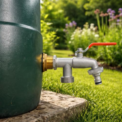 Solid brass water butt/rain barrel/tank threaded outlet adaptor/connector with 2 washers and nut,range of tap options (double lever tap)