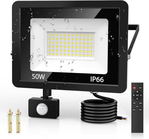 VIIIVA 50W Security Lights Outdoor Motion Sensor, PIR Flood Light with Remote Control, IP66 Waterproof, 72 LEDs, Cool White, 6500K, 4500LM, Outdoor Lights Mains Powered for Garden, Yard, Garage