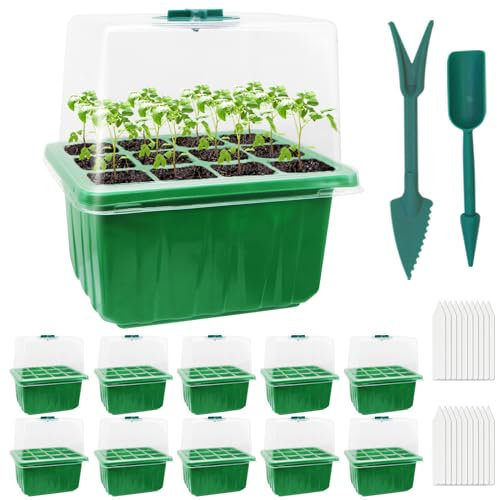 MYMULIKE Zimmergewächshaus Anzuchtkasten, 10 Stück 120 Zellen Mini Gewächshaus Anzucht Set Setzling Starter Tabletts Treibhaus Anzuchtset tablett mit erhöhten Deckel und Belüftung für Sämling Pflanze