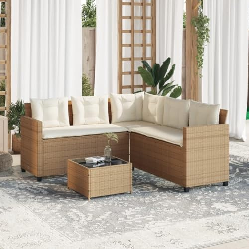 Faroom Conjunto Jardín de Ratán Muebles de Jardín con Cojines Conjunto Terraza Acolchados Sofá de Esquina con Mesa de Centro para Exterior Patio Beige, Blanco Crema